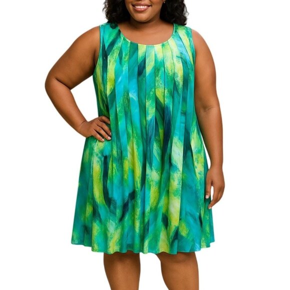Glamour Plus Size 16W Dress Green Abstract Print Sleeveless Pleated Fully Lined - Picture 1 of 10